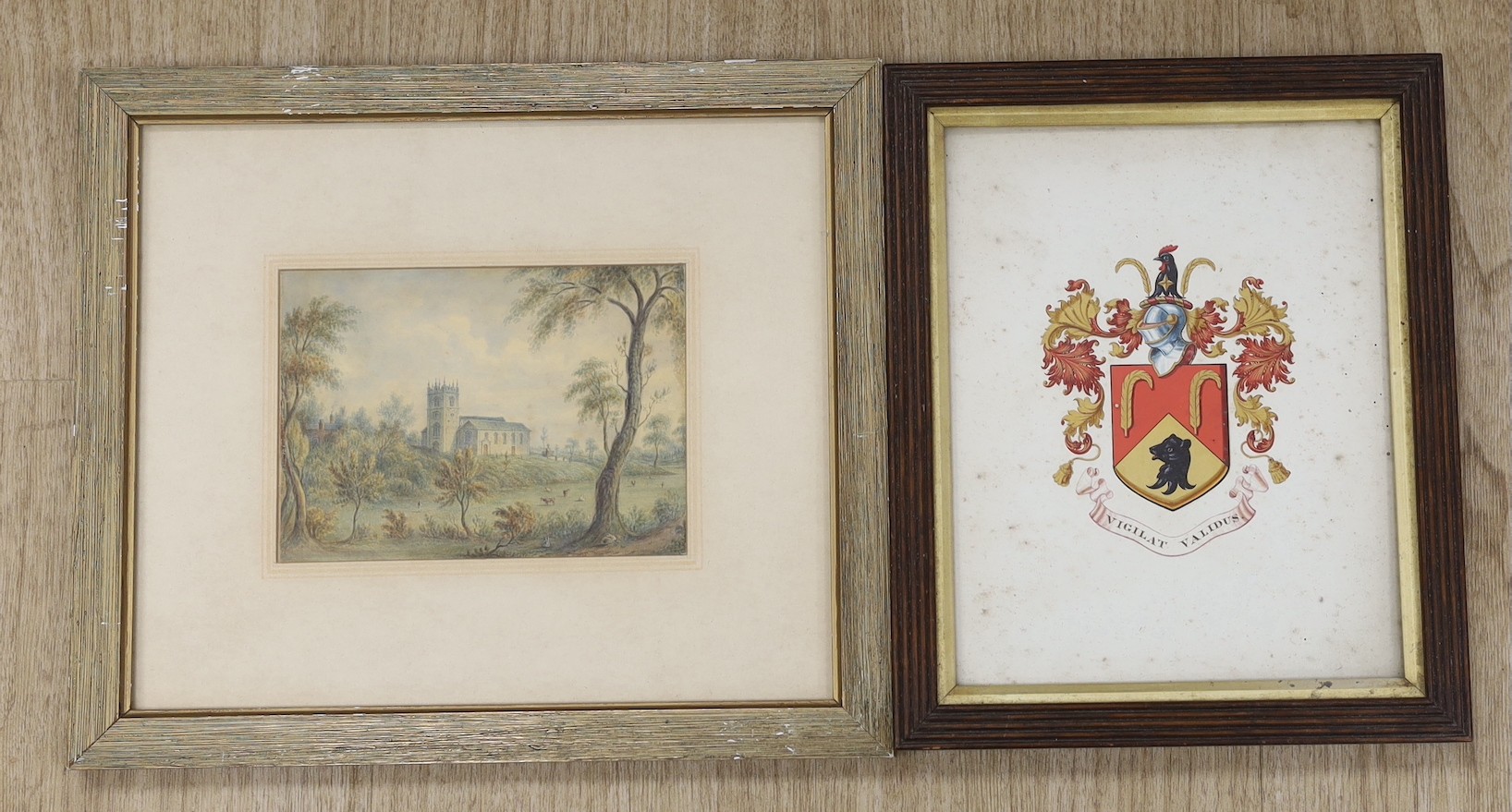 19th century English School, watercolour, View of a church, 12 x 17cm and an armorial illumination with motto 'Vigilat Validus', 23 x 18cm